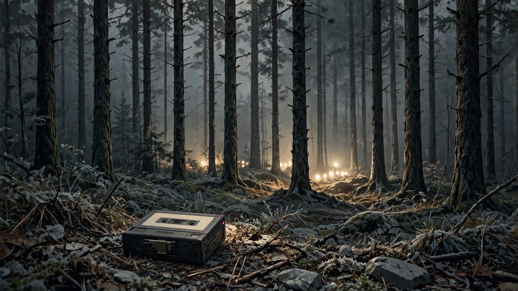 Illustration of a microcassette recorder on the floor of Rendlesham Forest with lights glowing among pine trees, December 1980; no photograph of the object exists