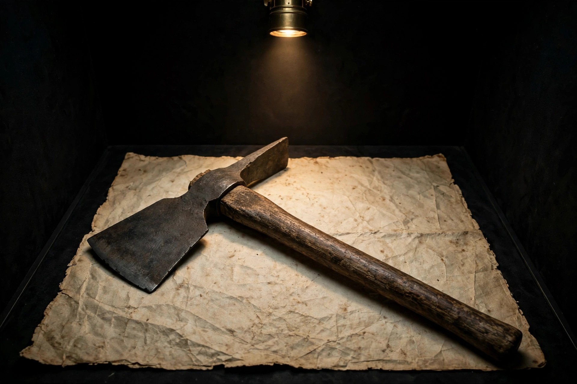 Replica, c. 1970 — an illustration of the grubbing mattock exhibited in Munich in 2026. The original, found hidden in the farm in February 1923, was destroyed in the Augsburg bombing of February 25, 1944.